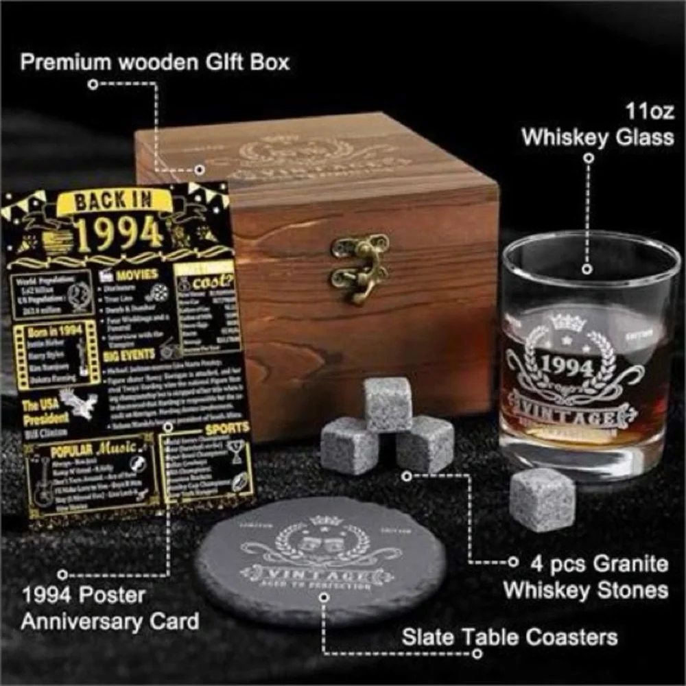 Vintage 1994 Whiskey Glass Set with Wooden Box